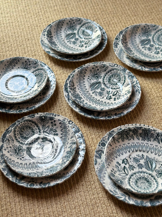 Blue + White Patterned Ceramic Dish and Cup Set