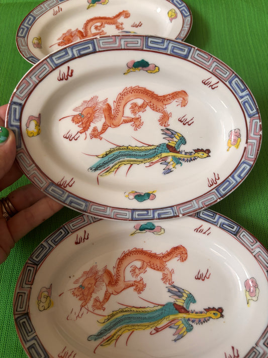 Vintage Chinese ceramic dishes with dragon and phoenix design - Hong Kong collectible serving set